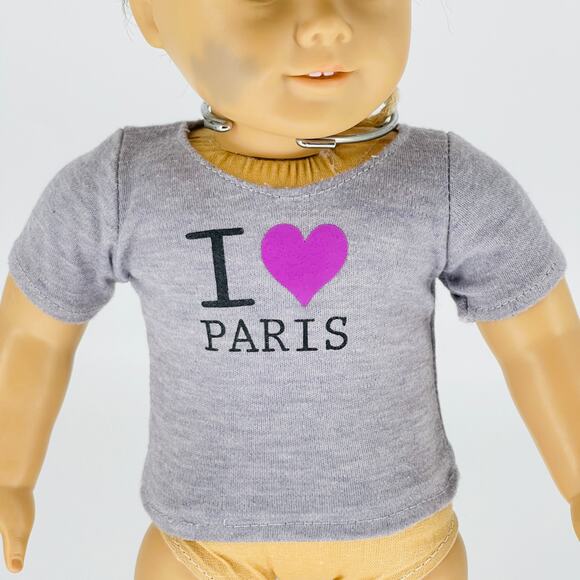 Grey I Heart Paris Doll Short Sleeved Top/T-Shirt With Velcro Closure 18" Dolls - Picture 2 of 13